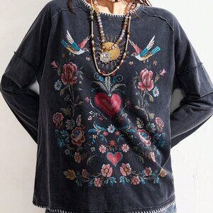 Black Boho Women's Embroidered Floral T-Shirt
